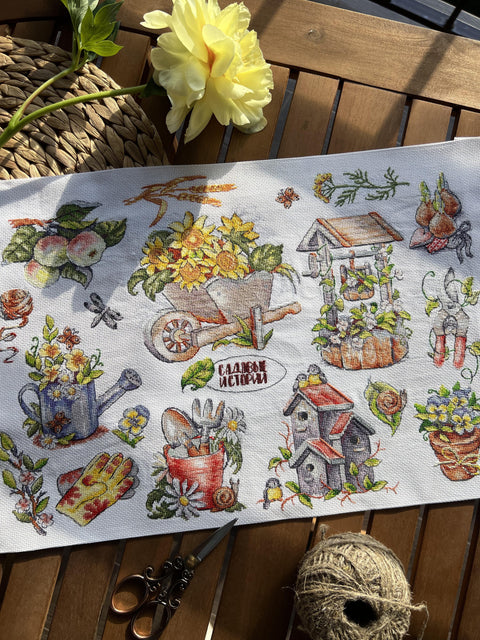 Counted Cross Stitch Kit, Garden Stories Motif, Andriana, Natural Garden Colors, Embroidery Canvas, Threads, Needle and Pattern