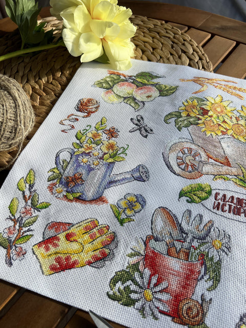 Counted Cross Stitch Kit, Garden Stories Motif, Andriana, Natural Garden Colors, Embroidery Canvas, Threads, Needle and Pattern