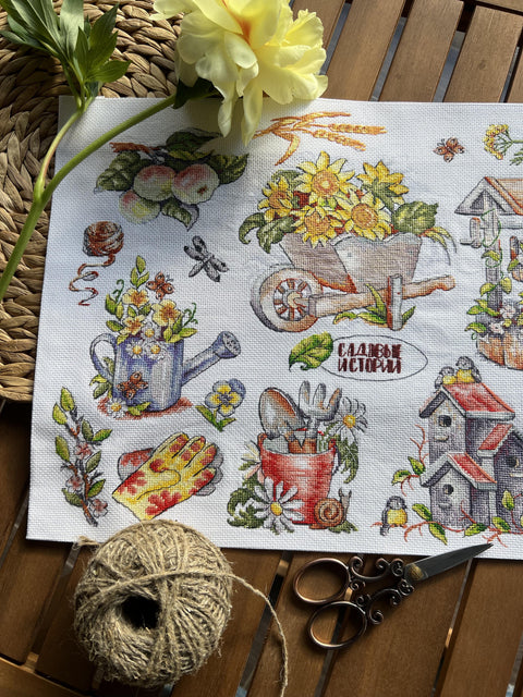 Counted Cross Stitch Kit, Garden Stories Motif, Andriana, Natural Garden Colors, Embroidery Canvas, Threads, Needle and Pattern