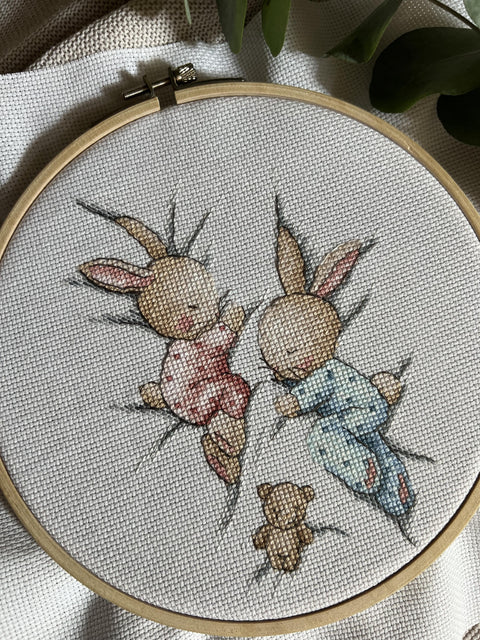 Counted Cross Stitch Kit with Sleeping Bunnies, Pastel Children’s Decor, Aida Canvas, Cotton Threads, Andriana