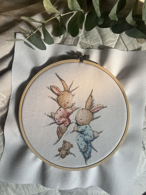 Counted Cross Stitch Kit with Sleeping Bunnies, Pastel Children’s Decor, Aida Canvas, Cotton Threads, Andriana