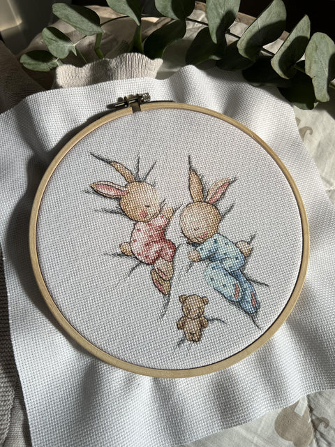 Counted Cross Stitch Kit with Sleeping Bunnies, Pastel Children’s Decor, Aida Canvas, Cotton Threads, Andriana