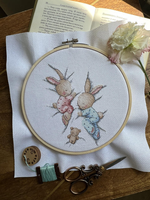 Counted Cross Stitch Kit with Sleeping Bunnies, Pastel Children’s Decor, Aida Canvas, Cotton Threads, Andriana