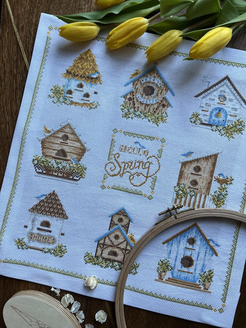 Cross Stitch Kit with Birdhouse Design, 32 x 35 cm, Multicolor Nature Motif, Andriana, Intermediate DIY Wall Decor Set