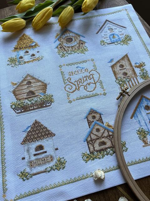 Cross Stitch Kit with Birdhouse Design, 32 x 35 cm, Multicolor Nature Motif, Andriana, Intermediate DIY Wall Decor Set