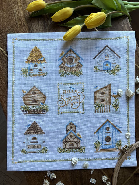 Cross Stitch Kit with Birdhouse Design, 32 x 35 cm, Multicolor Nature Motif, Andriana, Intermediate DIY Wall Decor Set