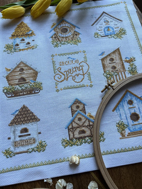 Cross Stitch Kit with Birdhouse Design, 32 x 35 cm, Multicolor Nature Motif, Andriana, Intermediate DIY Wall Decor Set