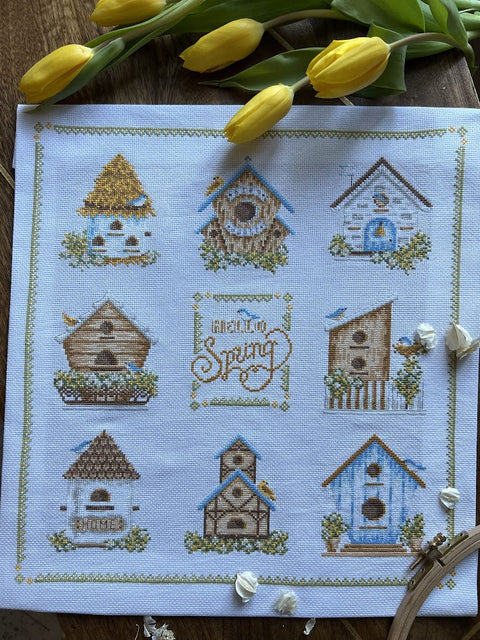 Cross Stitch Kit with Birdhouse Design, 32 x 35 cm, Multicolor Nature Motif, Andriana, Intermediate DIY Wall Decor Set