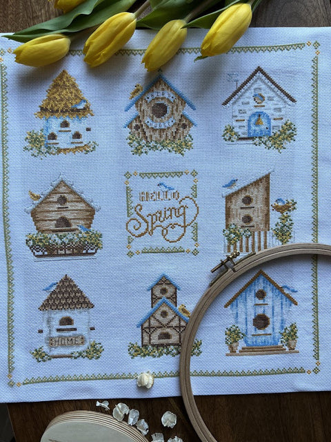 Cross Stitch Kit with Birdhouse Design, 32 x 35 cm, Multicolor Nature Motif, Andriana, Intermediate DIY Wall Decor Set