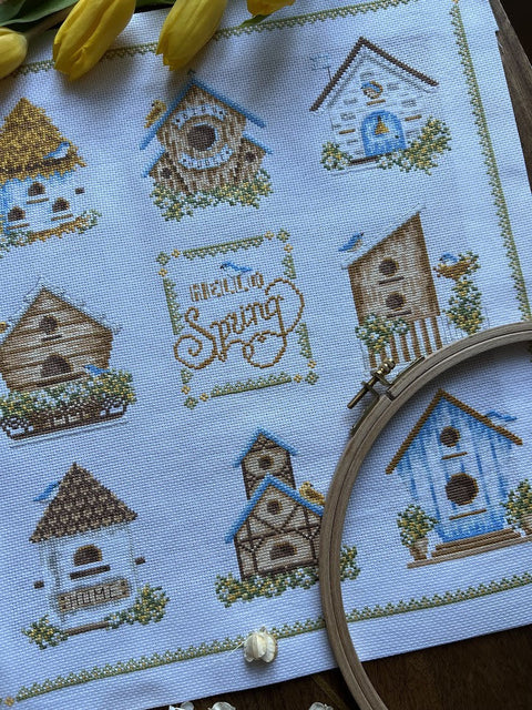 Cross Stitch Kit with Birdhouse Design, 32 x 35 cm, Multicolor Nature Motif, Andriana, Intermediate DIY Wall Decor Set