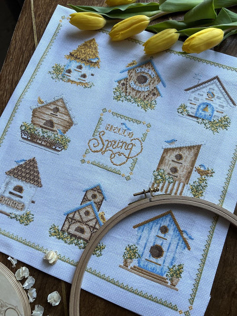Cross Stitch Kit with Birdhouse Design, 32 x 35 cm, Multicolor Nature Motif, Andriana, Intermediate DIY Wall Decor Set
