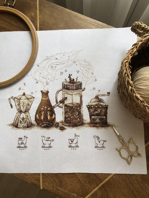 Coffee Lover Cross Stitch Kit, Aida 16 Count, 25 Cotton Thread Colors, 27 x 25 cm Finished Size, Andriana