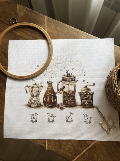 Coffee Lover Cross Stitch Kit, Aida 16 Count, 25 Cotton Thread Colors, 27 x 25 cm Finished Size, Andriana