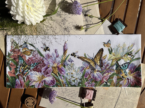 Cross Stitch Kit with Blooming Irises, Andriana Floral Embroidery Set, Aida Cloth, Cotton Threads, Beginner to Advanced, Purple Blue Green tones
