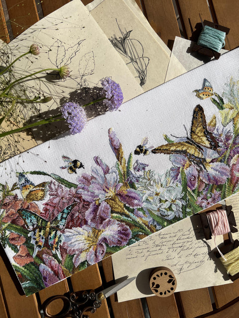 Cross Stitch Kit with Blooming Irises, Andriana Floral Embroidery Set, Aida Cloth, Cotton Threads, Beginner to Advanced, Purple Blue Green tones