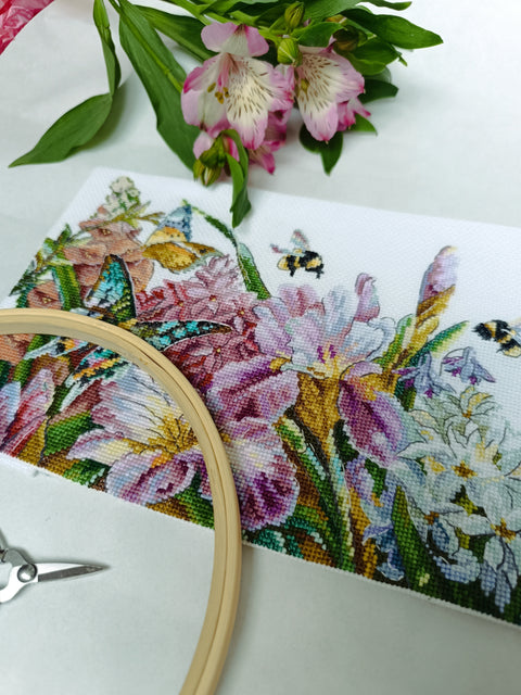Cross Stitch Kit with Blooming Irises, Andriana Floral Embroidery Set, Aida Cloth, Cotton Threads, Beginner to Advanced, Purple Blue Green tones