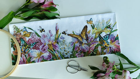 Cross Stitch Kit with Blooming Irises, Andriana Floral Embroidery Set, Aida Cloth, Cotton Threads, Beginner to Advanced, Purple Blue Green tones