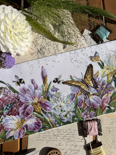 Cross Stitch Kit with Blooming Irises, Andriana Floral Embroidery Set, Aida Cloth, Cotton Threads, Beginner to Advanced, Purple Blue Green tones