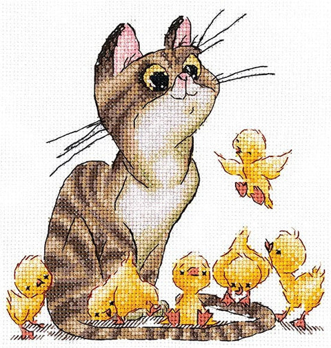 Cross Stitch Kit with Cat Design, Pattern, Needle, Fabric and Colorfast Threads by Andriana, Multicolor Embroidery Craft Set
