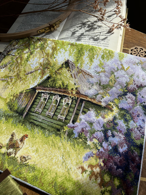 Cross Stitch Embroidery Kit “At Grandma’s” with Aida Fabric, Cotton Threads, Needle and Printed Pattern by Andriana