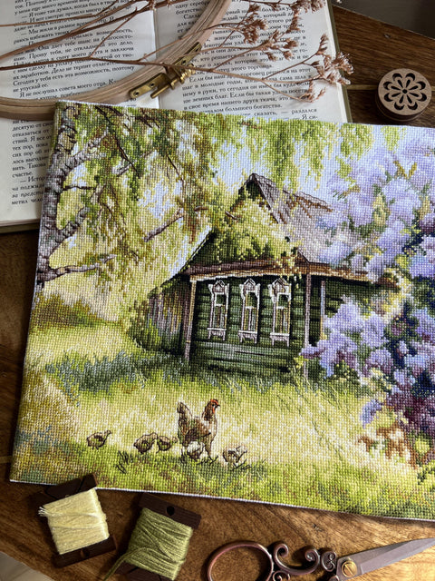 Cross Stitch Embroidery Kit “At Grandma’s” with Aida Fabric, Cotton Threads, Needle and Printed Pattern by Andriana