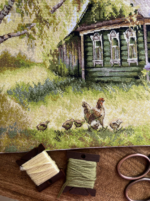 Cross Stitch Embroidery Kit “At Grandma’s” with Aida Fabric, Cotton Threads, Needle and Printed Pattern by Andriana