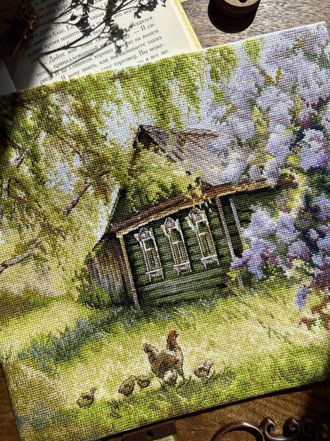 Cross Stitch Embroidery Kit “At Grandma’s” with Aida Fabric, Cotton Threads, Needle and Printed Pattern by Andriana
