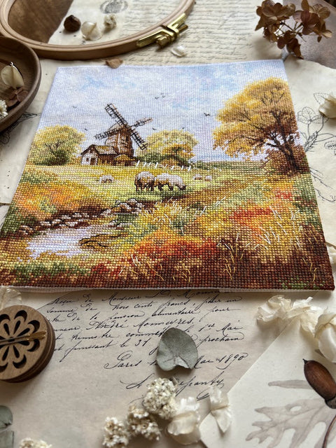 Cross Stitch Kit Old Mill Landscape, 19x19 cm, Andriana, Includes Canvas, Threads, Needle, Pattern and Instructions