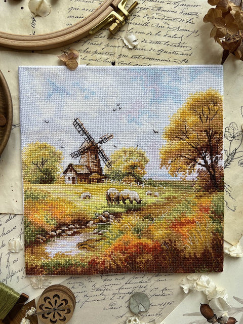 Cross Stitch Kit Old Mill Landscape, 19x19 cm, Andriana, Includes Canvas, Threads, Needle, Pattern and Instructions