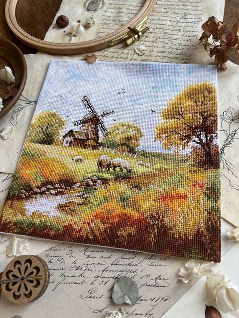 Cross Stitch Kit Old Mill Landscape, 19x19 cm, Andriana, Includes Canvas, Threads, Needle, Pattern and Instructions