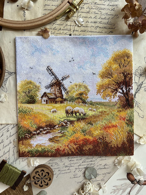 Cross Stitch Kit Old Mill Landscape, 19x19 cm, Andriana, Includes Canvas, Threads, Needle, Pattern and Instructions