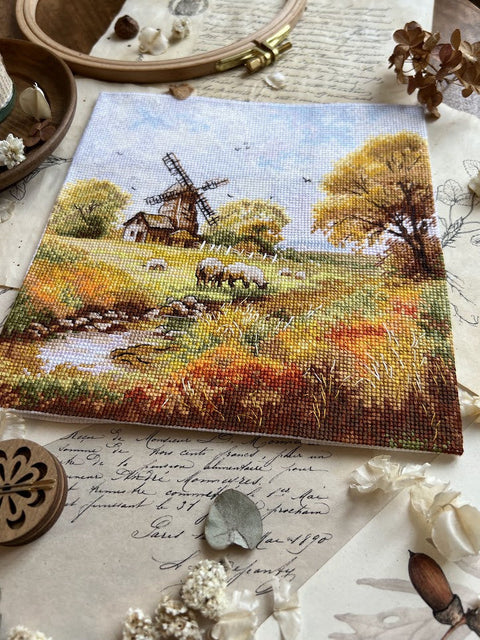 Cross Stitch Kit Old Mill Landscape, 19x19 cm, Andriana, Includes Canvas, Threads, Needle, Pattern and Instructions