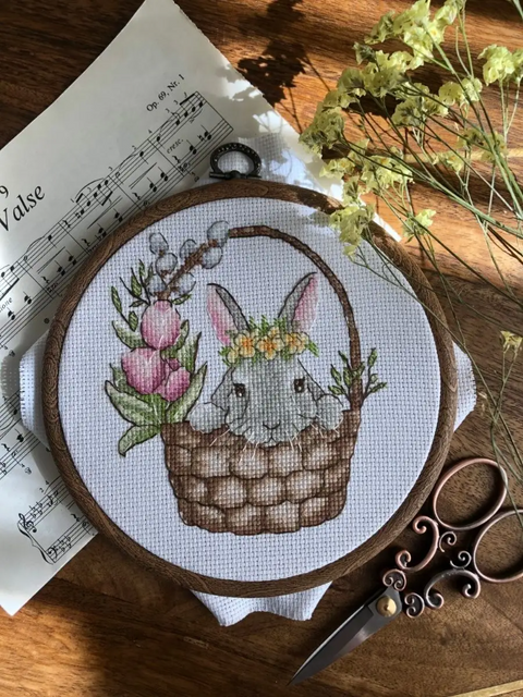 Cross Stitch Kit with Spring Bunny Motif, Pastel Colors, Andriana Embroidery Set for Beginners and Experienced Crafters