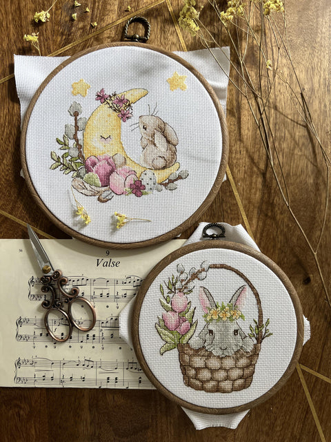 Cross Stitch Kit with Spring Bunny Motif, Pastel Colors, Andriana Embroidery Set for Beginners and Experienced Crafters