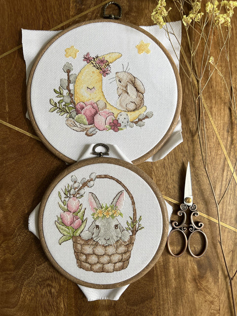 Cross Stitch Kit with Spring Bunny Motif, Pastel Colors, Andriana Embroidery Set for Beginners and Experienced Crafters
