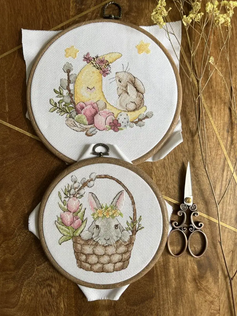 Cross Stitch Kit with Spring Bunny Motif, Pastel Colors, Andriana Embroidery Set for Beginners and Experienced Crafters