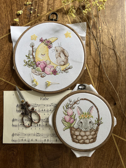 Cross Stitch Kit with Spring Bunny Motif, Pastel Colors, Andriana Embroidery Set for Beginners and Experienced Crafters