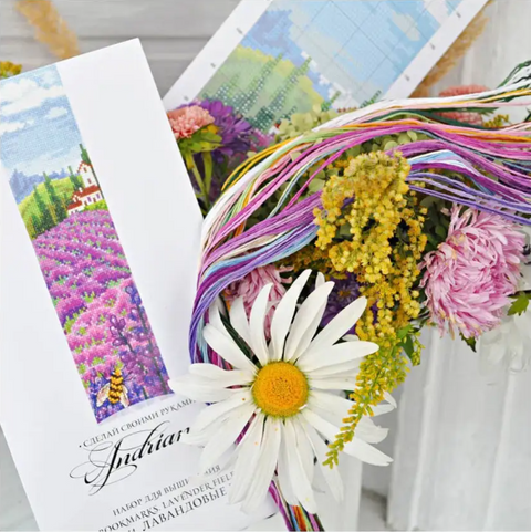 Cross Stitch Bookmark Kit with Lavender Fields Design, Aida 16 ct, Andriana, 30-Color Cotton Threads, 5.5 x 22 cm