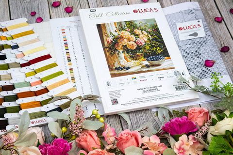 Luca-S Rose & Blueberry Vase Cross Stitch Kit 35x35cm Floral Design