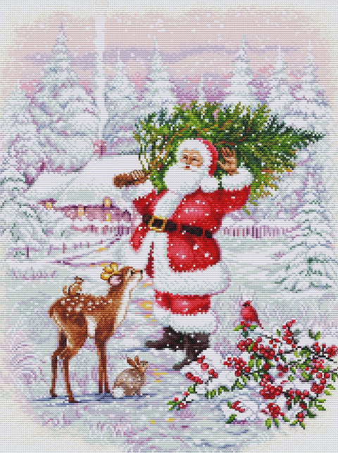 Luca-S Santa with Christmas Tree Cross Stitch Kit Aida 16, 29x38 cm (11.25x15)