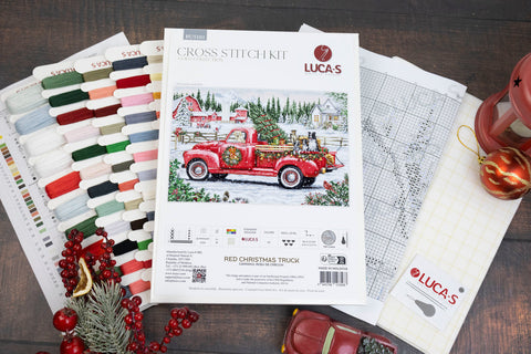 Luca-S Christmas Red Truck Cross Stitch Kit 46x31cm, Zweigart Aida 16, 57 Colors