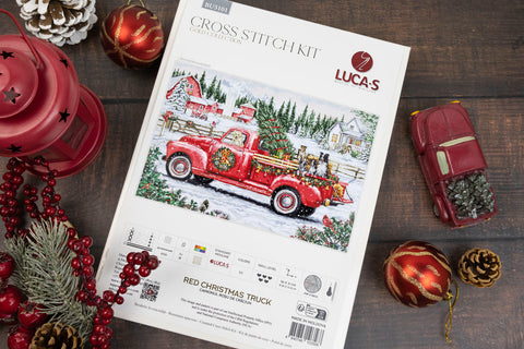 Luca-S Christmas Red Truck Cross Stitch Kit 46x31cm, Zweigart Aida 16, 57 Colors