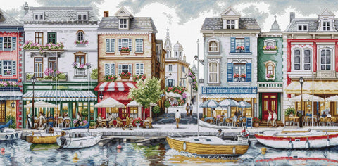 Luca-S Quayside Harbor Cityscape Counted Cross Stitch Kit 64x32cm Aida 16