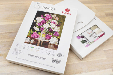Luca-S Red & White Peonies Cross Stitch Kit on Aida with Cotton Threads