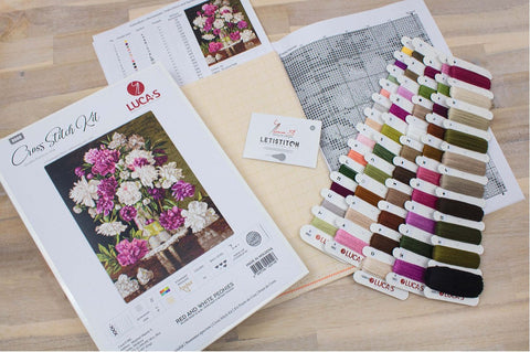 Luca-S Red & White Peonies Cross Stitch Kit on Aida with Cotton Threads