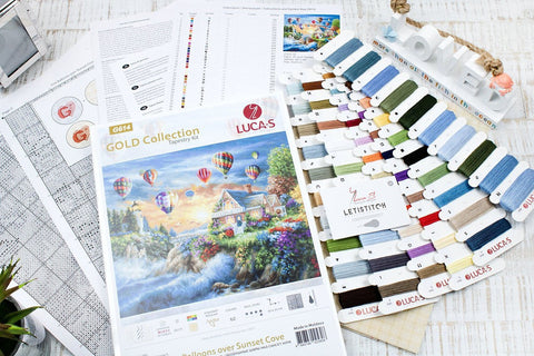 Luca-S Counted Cross Stitch Kit Hot Air Balloons Over Sunset Bay Landscape