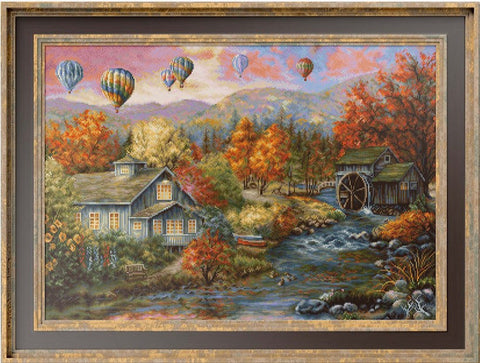 Luca-S Autumn Watermill Landscape Cross Stitch Kit Aida Canvas Threads Needle