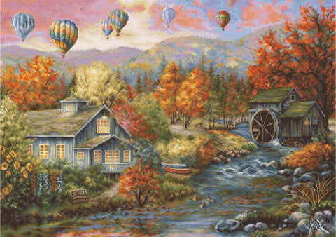 Luca-S Autumn Watermill Landscape Cross Stitch Kit Aida Canvas Threads Needle