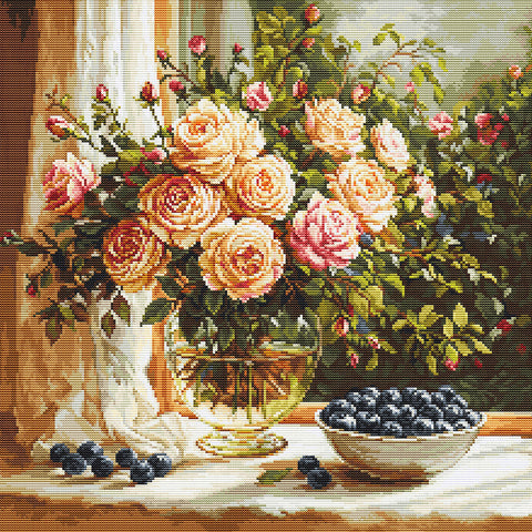Luca-S Counted Cross Stitch Kit Vase with Roses & Blueberries 22x22cm 25ct Zweigart