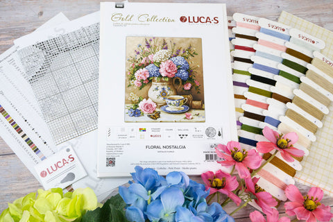 Luca-S Floral Nostalgia Counted Cross Stitch Kit 20x23cm, 57 Colors, Zweigart Canvas